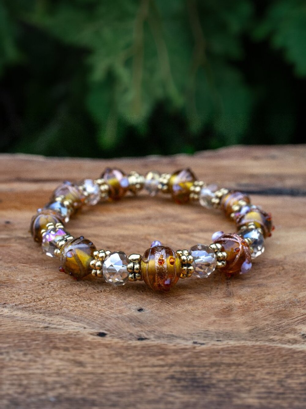 Amber, AB Coated Glass, and Antiqued Gold Bead Bracelet